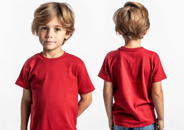 un niño con una camisa roja y vaqueros