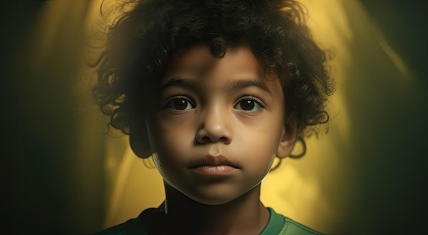 Un niño con una camisa verde y cabello rizado negro se para frente a un fondo amarillo.