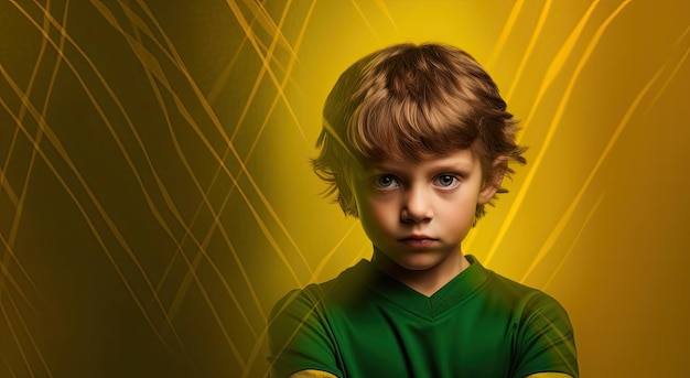 Un niño con una camisa verde se para frente a un fondo amarillo con las palabras "la palabra" en el frente. "