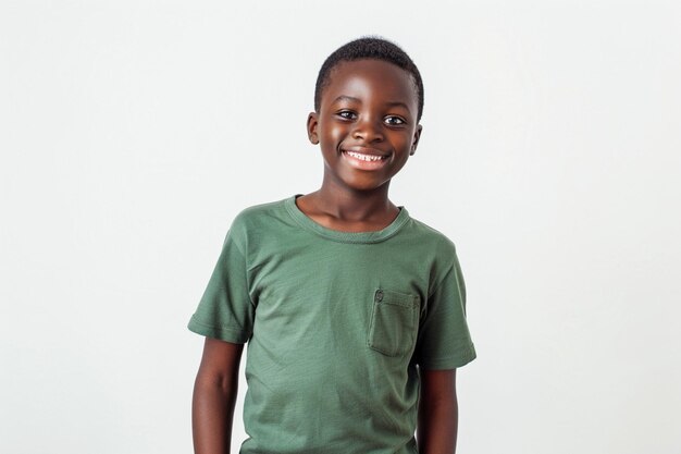 Foto un niño con una camisa verde que dice que está sonriendo