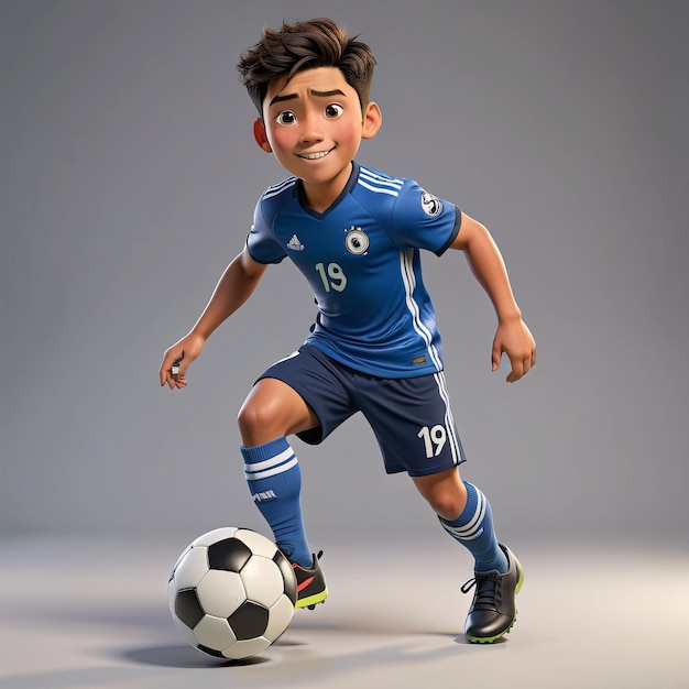 un niño en una camiseta azul pateando una pelota de fútbol
