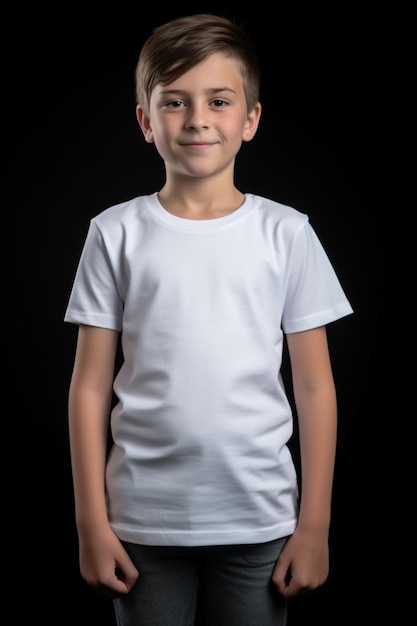 Un niño con una camiseta blanca se para frente a un fondo negro
