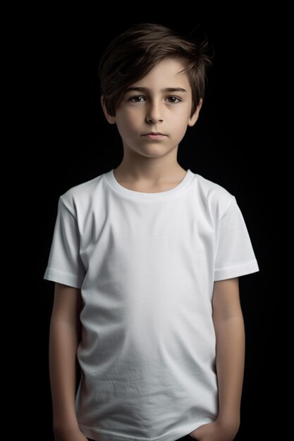 Un niño con una camiseta blanca se para frente a un fondo negro.