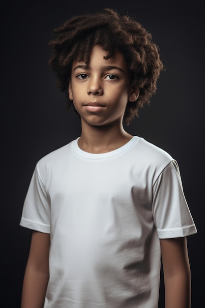 Un niño con una camiseta blanca se para frente a un fondo negro.