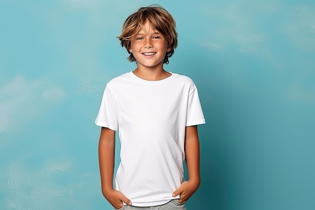 Niño con camiseta blanca sobre fondo azul Maqueta de camiseta