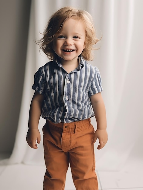 Un niño con una camiseta a rayas con la palabra amor.