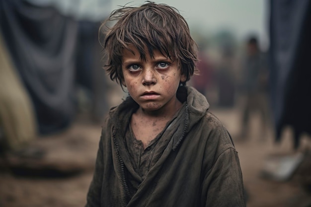 niño en un campamento de refugiados muy pobre y hambriento