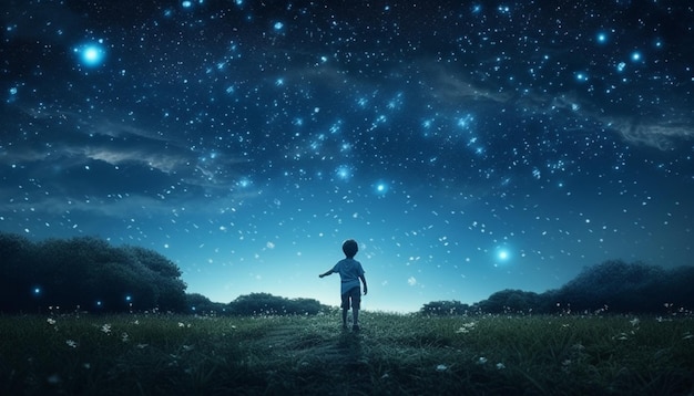 Un niño se para en un campo bajo un cielo estrellado.