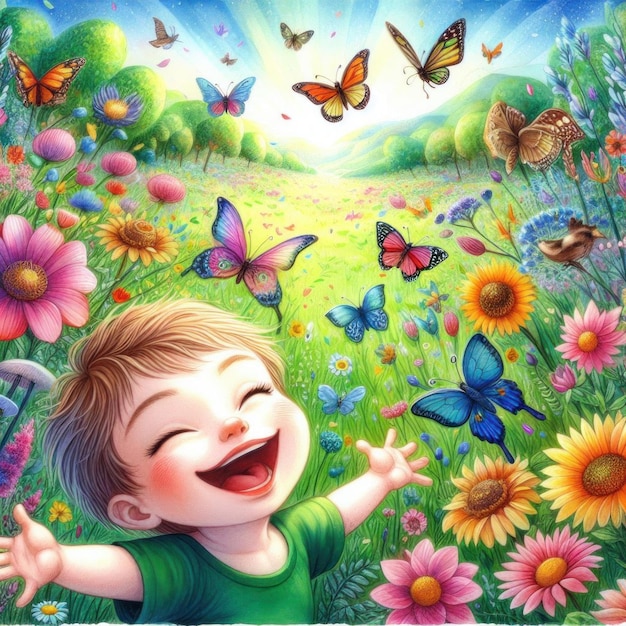 Foto un niño en un campo de flores y mariposas