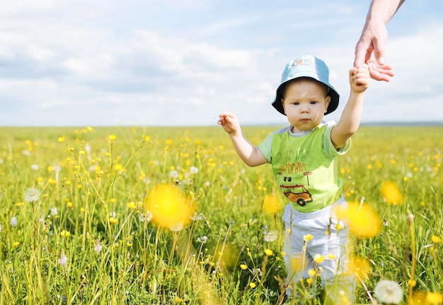 niño en un campo de flores Vida en el campo Vacaciones familiares El niño está sosteniendo la mano de su papá