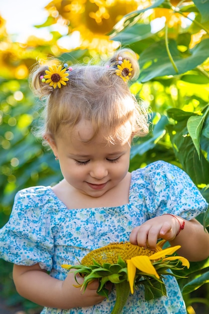 Un niño en un campo de girasoles Ucrania Enfoque selectivo