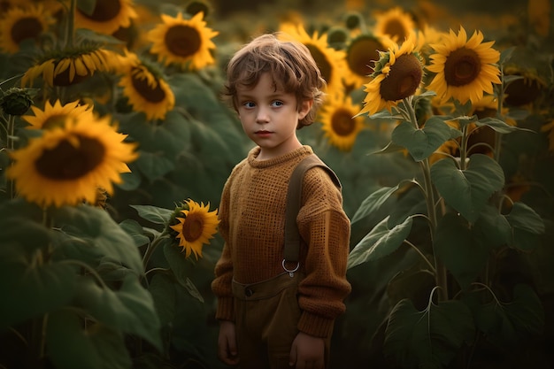 Un niño se para en un campo de girasoles.