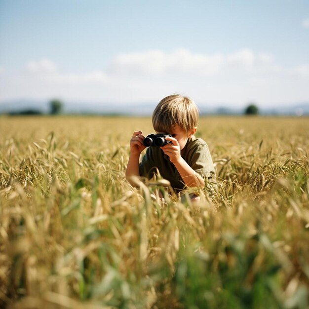 niño en un campo mirando a través de binoculares