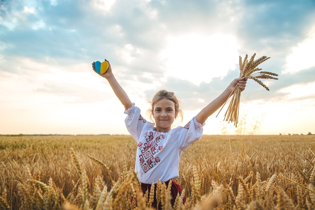 Niño en un campo de trigo. En vyshyvanka, el concepto del Día de la Independencia de Ucrania. Enfoque selectivo. Niño.