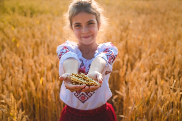 Niño en un campo de trigo. En vyshyvanka, el concepto del Día de la Independencia de Ucrania. Enfoque selectivo.