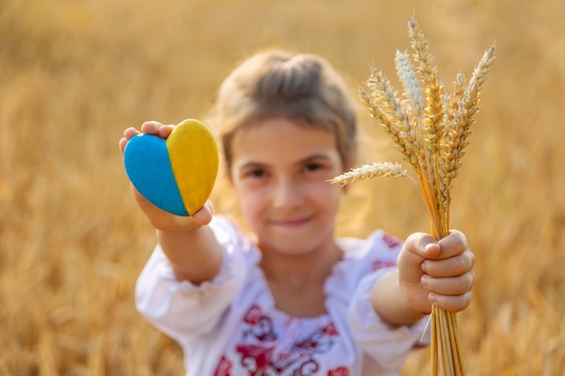 Niño en un campo de trigo. En vyshyvanka, el concepto del Día de la Independencia de Ucrania. Enfoque selectivo.