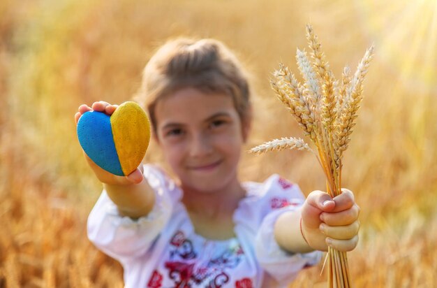 Niño en un campo de trigo En vyshyvanka el concepto del Día de la Independencia de Ucrania Enfoque selectivo