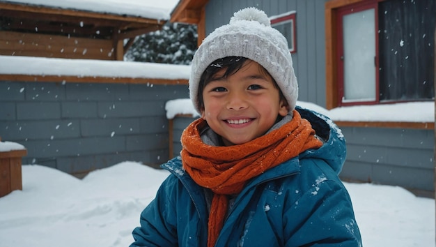 Nino canadiense konstruendo un muneco de nieve en el patio trasero con ropa de invierno