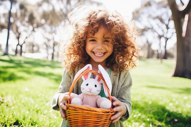 Niño con una canasta llena de alegría de Pascua en Sunny Park