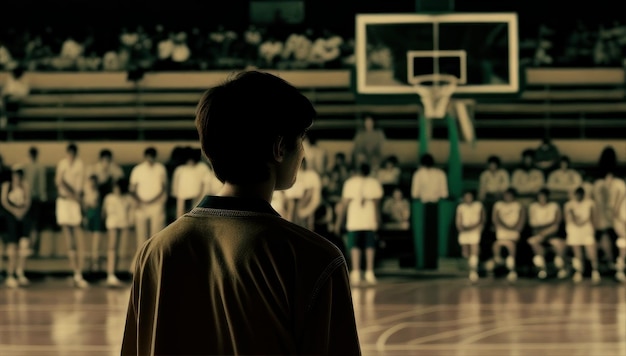 Un niño se para en la cancha de baloncesto viendo un partido de baloncesto.