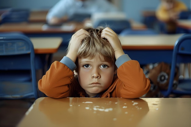 Foto el niño cansado demuestra irritación y dificultad para mantener la atención en el entorno de la clase concepto comportamiento del niño en la clase desafíos problemas de atención irritación medio escolar