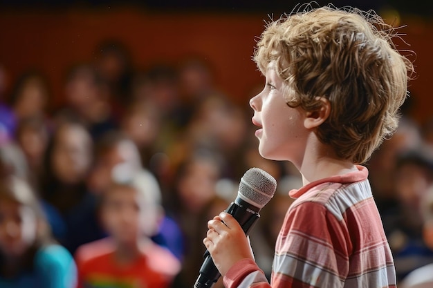 Foto un niño está cantando en un micrófono con una camisa roja en él