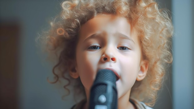 Foto un niño cantando en un micrófono.