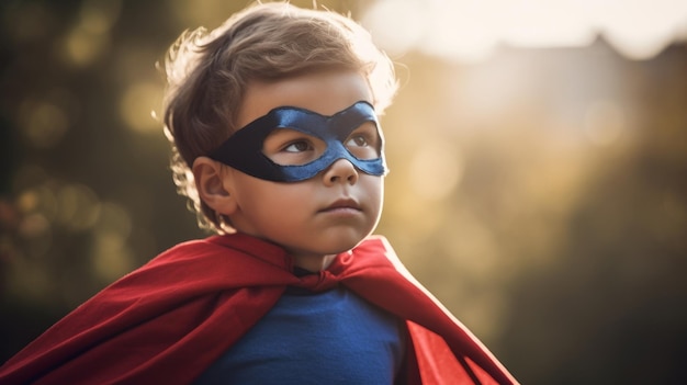 Un niño con una capa y una máscara se para en un campo.