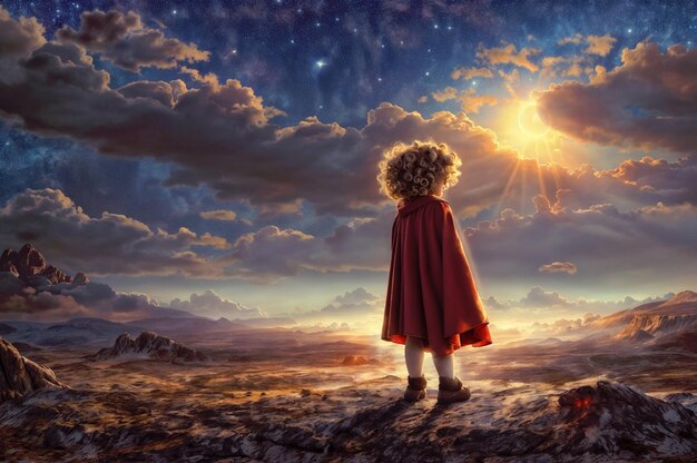 Foto un niño con una capa roja está de pie en un vasto desierto mirando hacia un cielo estrellado