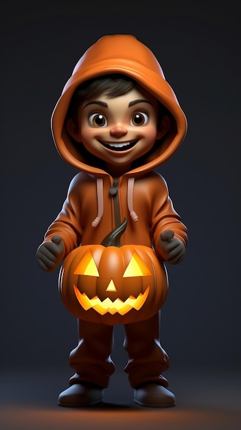 Un niño con capucha se ríe y sostiene una calabaza de Halloween en sus manos Dibujos animados realistas