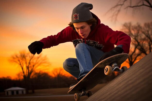 Foto un niño con una capucha roja está montando una patineta