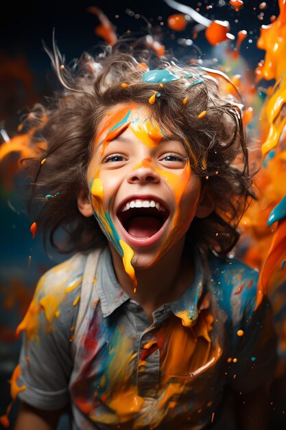 Niño con la cara pintada de naranja y azul IA generativa