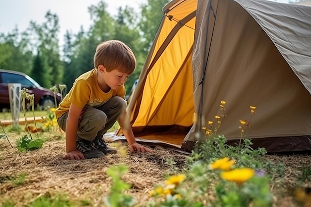 Un niño en una carpa apuntando a una flor.