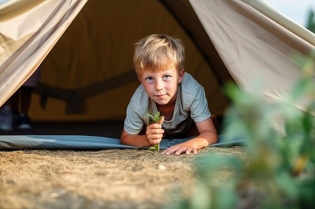 Un niño en una carpa mira una hoja.