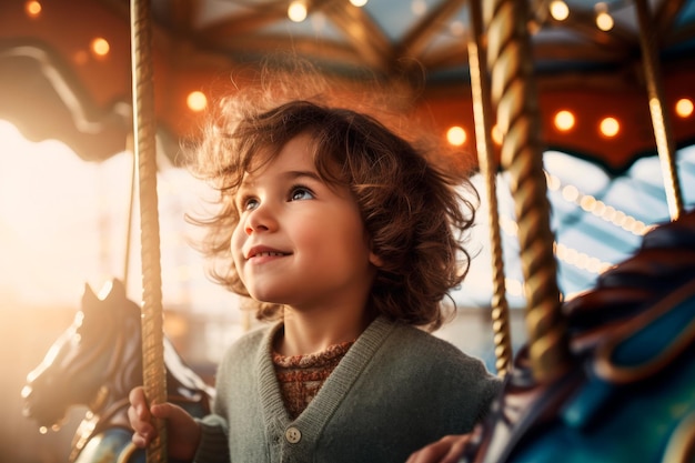 un niño en un carrusel clásico en un parque de atracciones