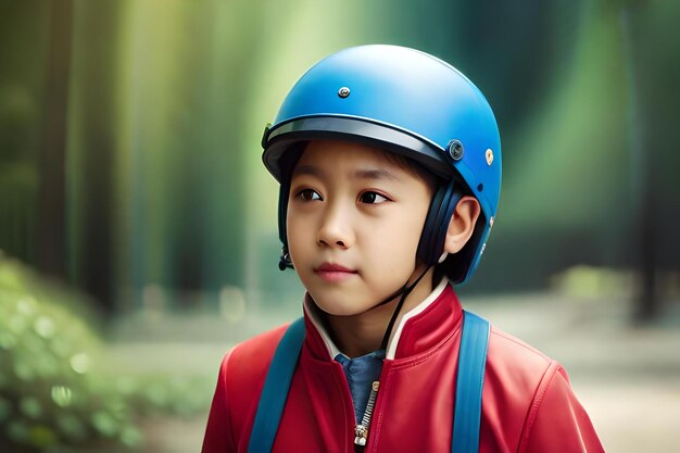 Un niño con casco azul se para frente a un fondo verde.