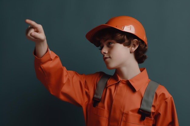 Un niño con un casco naranja señala algo con el dedo.