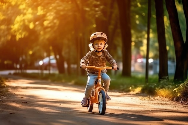 Niño con casco protector monta una bicicleta al aire libre