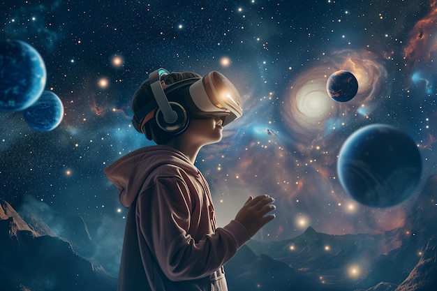 Un niño con un casco de realidad virtual contra el telón de fondo del espacio exterior con planetas y estrellas