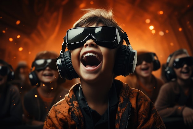 Niño con casco de realidad virtual y disfraces de Halloween Gafas VR Generative AI