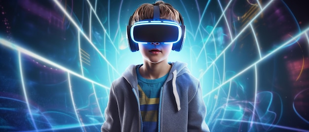 Un niño con un casco de realidad virtual se para frente a un fondo azul.