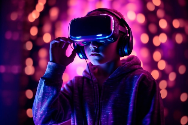 Un niño con un casco de realidad virtual frente a un fondo morado.