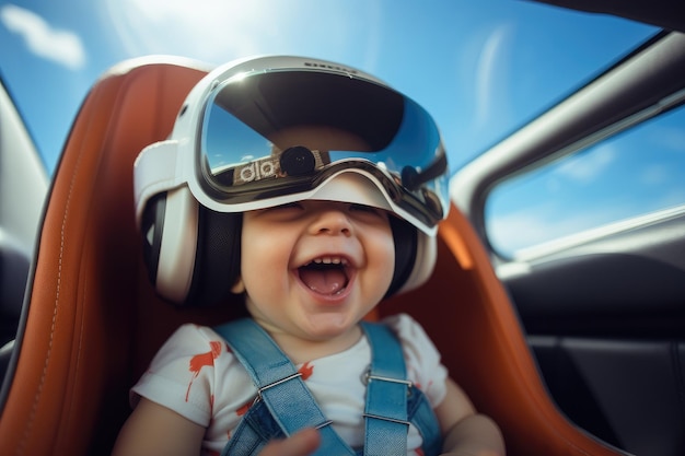 Niño con casco de realidad virtual sentado en el asiento del automóvil Gafas VR tecnología de innovación IA generativa