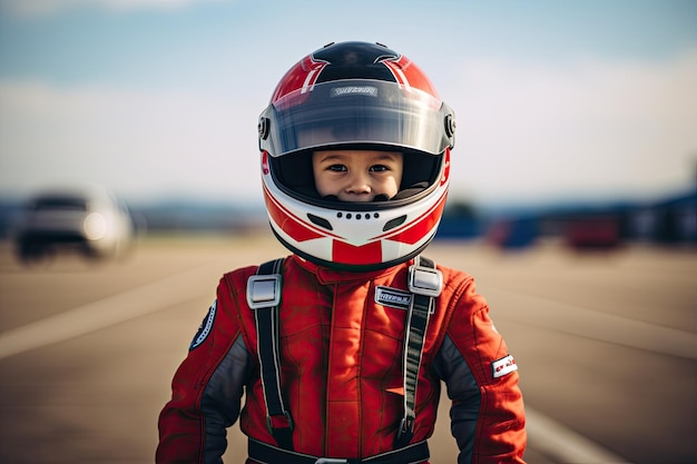 un niño con un casco rojo y negro