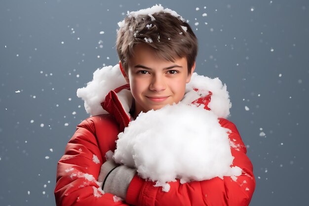 Un niño caucásico adolescente como un luchador de bolas de nieve listo para una pelea amistosa de bola de nieve