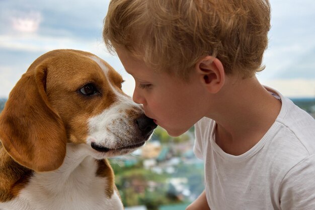 Un niño caucásico besa la nariz de su devoto amigo perro Amor y verdadera amistad entre un niño y un perro de caza