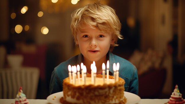 Niño caucásico feliz celebrando su cumpleaños con un enorme y sabroso pastel con velas Creado con tecnología de IA generativa