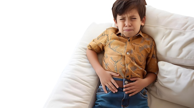 Foto niño caucásico que sufre de dolor abdominal