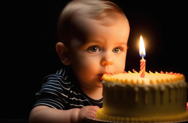 Niño caucásico soplando velas en un delicioso pastel de cumpleaños en un fondo oscuro