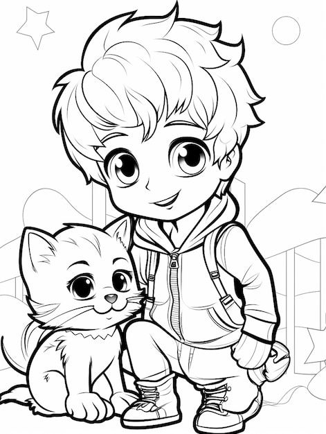 Foto un niño cauteloso conoce a un gato tímido y cauteloso. dibujo para colorear en blanco y negro con tema lindo y kawaii